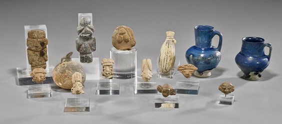 Group of Fourteen Various Ancient Items: Pottery &: Group of Fourteen Various Ancient Items: Pottery & Stone Group of fourteen various ancient items of pottery and stone, including: two Middle Eastern cobalt blue glazed jars; two miniature amphorae; se