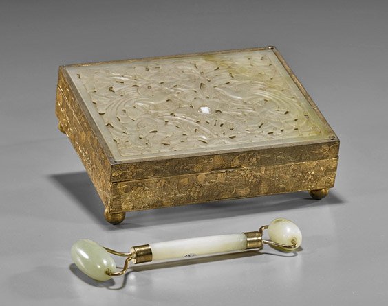 Two Chinese Items: Copper Box & Roller: Two Chinese Items: Copper Box & Roller Two Chinese items, including: early 20th Century copper box with openwork bowenite plaque; together with jade or hardsone facial/ink roller (wear to each); W: 6"