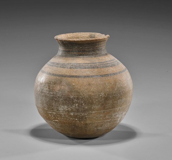 Ancient Middle Eastern Ceramic Jar: Circles: Ancient Middle Eastern Ceramic Jar: Circles Ancient Middle Eastern ceramic jar; of rounded body and bottom and everted rim, with black painted designs of concentric circles (considerable wear), possib