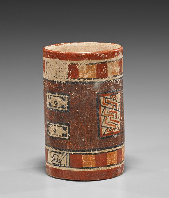 Pre-Columbian Cylindrical Cup: Pre-Columbian Cylindrical Cup Pre-Columbian, probably Mayan, cup; of cylindrical form, with elaborate painted designs (considerable wear); H: 6"
