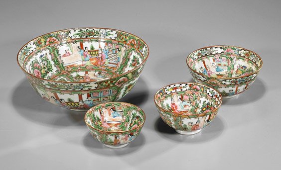 Four Chinese Rose Medallion Graduated Bowl Set: Four Chinese Rose Medallion Graduated Bowl SetFour Chinese Rose Medallion bowls of graduated size: all depicting an alternating scene of figures and peaches (loss to some enamel, minor wear); D: 10" (
