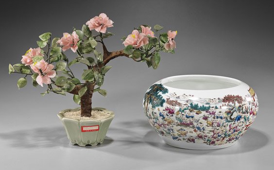 Two Chinese Items: Porcelain Jar & Tree: Two Chinese Items: Porcelain Jar & Tree Two Chinese items, including: a large enameled porcelain jar of tapered globular form with "100 children" scene, inscription and seal mark; together with glass 