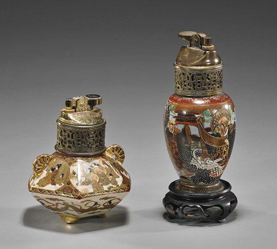 Two Old Japanese Satsuma Glazed Vessels: Two Old Japanese Satsuma Glazed VesselsTwo Japanese Satsuma earthenware glazed vessels each mounted as a cigarette lighter: early 20th Century ovoid vase form with figures, seal mark and mon, wood sta
