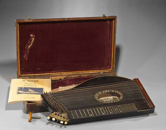 Early 20th Century Franz Schwarzer Zither: Early 20th Century Franz Schwarzer Zither Early 20th Century American Franz Schwarzer zither; musical stringed instrument on hollow body, included with popular zither music, methodology book, strings,