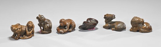 Six Carved Wood Netsuke: Animals & Fungus: Six Carved Wood Netsuke: Animals & Fungus Group of six carved wood netsuke: group three recumbent animals: horse; ram; monkey and turtle; cat and monkey; with a sitting rat holding its tail and a deta
