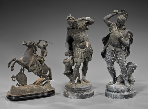 Three Old Continental Spelter Warrior Statues: Three Old Continental Spelter Warrior Statues Three old Continental, probably English, spelter figures: a pair of standing classical warriors, possibly in Roman-style armor (heavily patinated); togeth