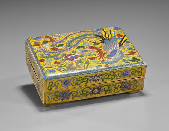 Qianlong-style Cloisonné Enameled Copper Box: Qianlong-style Cloisonné Enameled Copper Box Qianlong-style cloisonné enameled copper box; of rectangular footed form with scrolling floral design on yellow ground, and large phoenix with clouds in 