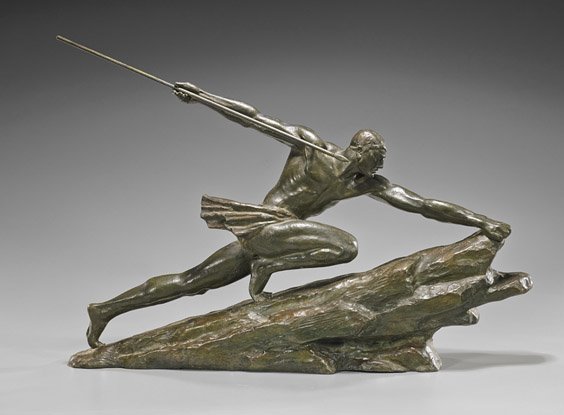 Bronze Model of a Male by P. Lelaguays: Bronze Model of a Male by P. Lelaguays Well cast bronze model of a male figure by P. Lelaguays; wearing a belt with his arms stretched wide holding a spear atop a rocky cliff, dated '79; W: 22"