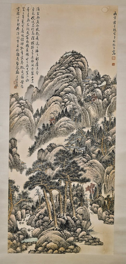 Two Chinese Paper Scrolls: Landscapes: Two Chinese Paper Scrolls: Landscapes Two Chinese ink and color on paper scrolls: depicting a large mountainous scene with a small temple at the top (one end broken); together with a small temple at t