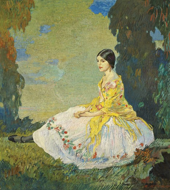 OLD OIL ON CANVAS PAINTING: Lady in Garden: 油彩畫布 人物 OLD OIL ON CANVAS PAINTING: Lady in Garden Old oil on canvas painting; depicting a lady in Hispanic dress and bright yellow floral wrap, seated in con