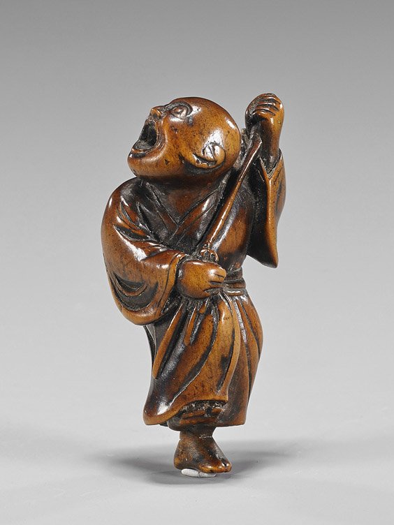 Antique Carved Boxwood Netsuke: Blind Man: Antique Carved Boxwood Netsuke: Blind Man Antique carved boxwood netsuke; of a standing blind man holding a stick