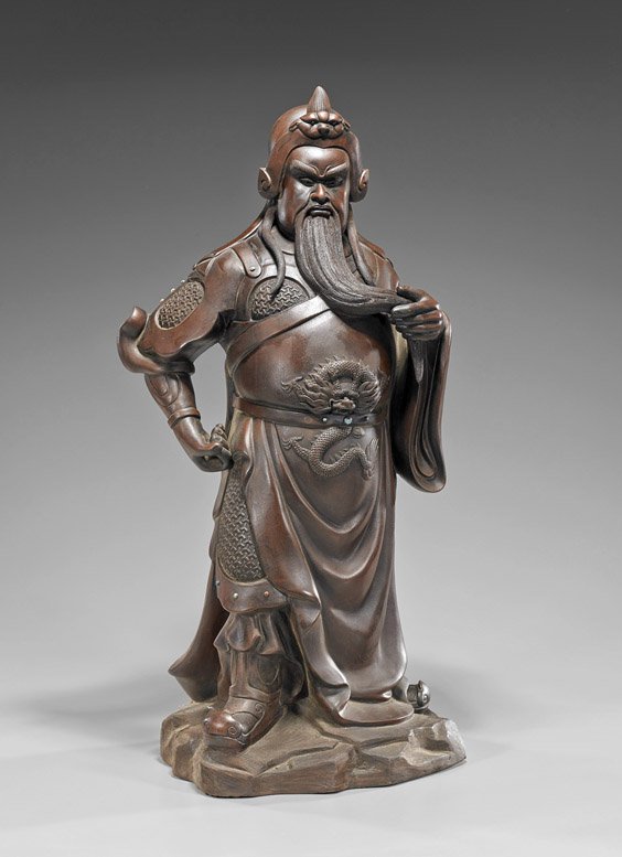 Tall Yixing Pottery Figure of Guandi: Tall Yixing Pottery Figure of Guandi Tall Chinese yixing pottery figure of Guandi; the immortal standing in armor, holding his long beard in left hand with a dragon on his belly, inset cabochons on ar
