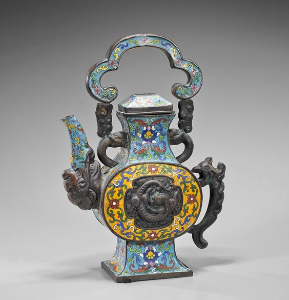Chinese Cloisonné Enamel Teapot: Chinese Cloisonné Enamel TeapotChinese cloisonné enamel covered teapot; of square baluster form with circular body, the center in yellow ground with quatrefoil metal reserve of writhing dragon to ea