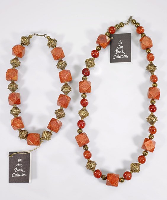 Two Indian Gilt & Hardstone Bead Necklaces: Two Indian Gilt & Hardstone Bead Necklaces Two Indian gilt and faceted hardstone bead necklaces: longer with possibly Philippine sponge coral; together with a choker length necklace; L: 26"; Provenanc