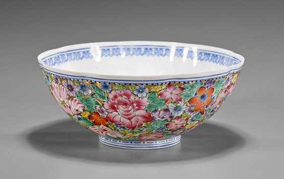 Chinese Enameled "Eggshell" Bowl: Chinese Enameled "Eggshell" Bowl Chinese enameled "eggshell" porcelain bowl; of footed foliate form, the blue and white interior with writhing dragon at center with lotus border, the exterior with mil