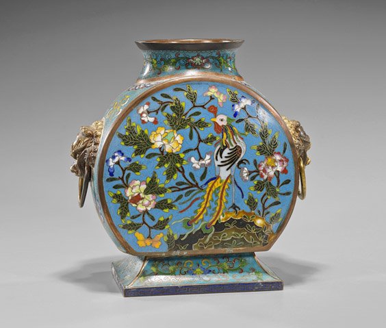 Chinese Cloisonné Enamel Vessel: Chinese Cloisonné Enamel Vessel Chinese cloisonné enamel vessel; of somewhat moon-flask form; the front and verso with design of a phoenix amid peonies on turquoise ground, the sides with emblems an