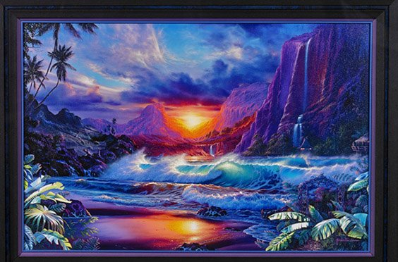 Hawaiian Sunset Painting by Christian R. Lassen: Hawaiian Sunset Painting by Christian R. Lassen Large and vividly colored, textured print or giclée by Christian R. Lassen; of a sunset over a Hawaiian lagoon, possibly contains hidden diamonds, sign