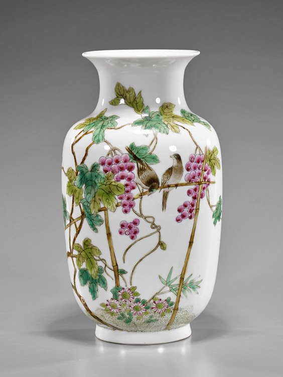 Old Chinese Famille Rose Porcelain Vase: Old Chinese Famille Rose Porcelain Vase Old Chinese Famille Rose enameled porcelain vase; of lantern form, depicting sparrows perched along a grapevine, inscription and seal mark (chip to foot), Circa