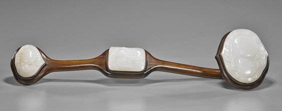 Chinese Carved Hardwood Ruyi Scepter: Chinese Carved Hardwood Ruyi Scepter Chinese carved hardwood ruyi scepter; with three carved glass panels each depicting one of the "Three Fruits of Abundance"; L: 22"