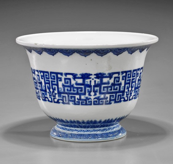 Chinese Blue & White Porcelain Flower Pot: Chinese Blue & White Porcelain Flower Pot Chinese blue and white porcelain pot; of circular form with flaring lip and foot, decorated with a band of meander-like pattern with dragons, multiple bands t