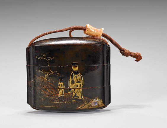 Antique Lacquered & Inlaid Inro: Antique Lacquered & Inlaid Inro Antique lacquered and mother of pearl inlaid inro; of square form with rounded edges and two compartments, depicting gilt figures gazing towards a tree to front, gilt f