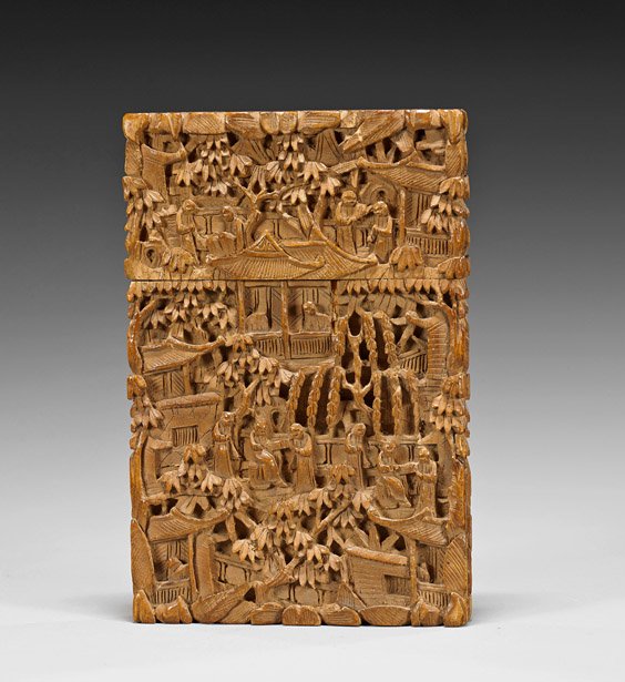 Antique Chinese Calling Card Case: Figures: Antique Chinese Calling Card Case: Figures Elaborately carved, antique Chinese sandalwood calling card case; of rectangular form with scene of figures socializing beneath willows and maples (usual wea
