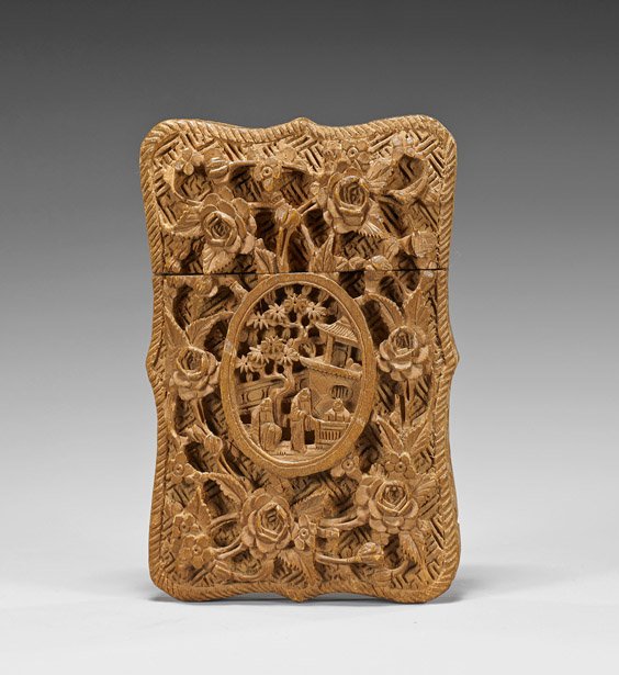 Antique Chinese Calling Card Case: Floral: Antique Chinese Calling Card Case: Floral Antique Chinese carved wood calling card case: of rectangular form with undulating sides; foliate design with figures in reserve to front, natural grain with 