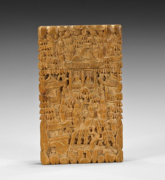 Antique Chinese Calling Card Case: Monks: Antique Chinese Calling Card Case: Monks Antique Chinese carved sandalwood calling card case: of rectangular form with design of monks meandering through buildings amid maple and willows (some wear, s