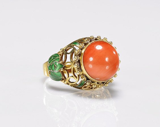 Old 14K Yellow Gold & Coral Cabochon Ring: Old 14K Yellow Gold & Coral Cabochon Ring Old 14K yellow gold ring; with coral cabochon center set in double coin motif openwork mount with enameled auspicious green bats (usual minor wear); size 8