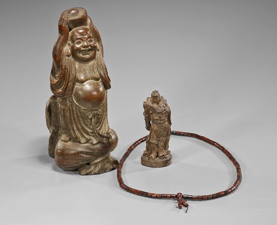 Three Chinese Carved Items: Figures & Prayer Beads: Three Chinese Carved Items: Figures & Prayer Beads Group of three, Chinese carved items: bamboo Budai standing and holding a jar above his head; small wood Guandi wearing traditional dragon armor; tog