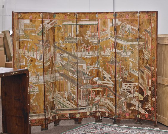 Old Chinese Polychrome Eight-Panel Screen: Old Chinese Polychrome Eight-Panel Screen Heavy and old, possibly antique, Chinese polychrome and carved eight-panel screen; depicting numerous ladies and men talking amongst several buildings both in