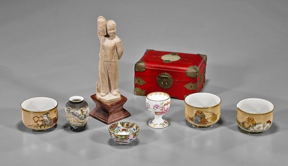 Eight Items: English, Japanese & Chinese: Eight Items: English, Japanese & Chinese Eight various items, including: English porcelain egg-cup; miniature Japanese moulded vase; miniature Chinese enameled wine cup; Chinese carved soapstone woman