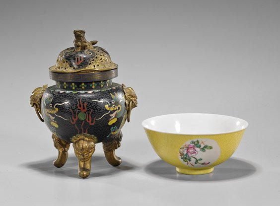 Two Chinese Items: Bowl & Censer: Two Chinese Items: Bowl & Censer Two Chinese items: Qianlong-style, incised yellow ground porcelain bowl with Famille Rose enameled floral plaques, seal mark; together with old cloisonné black ground