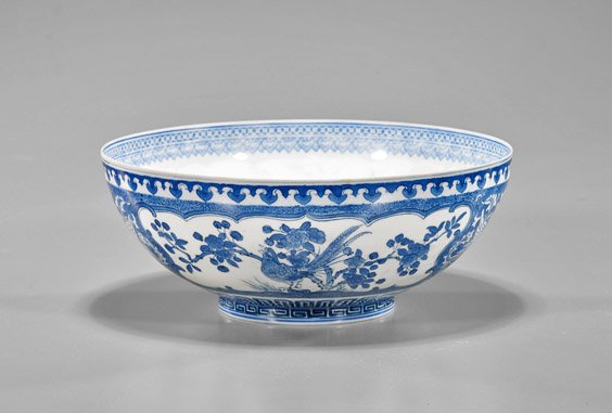 Chinese Eggshell Bowl: "Three Friends of Winter": Chinese Eggshell Bowl: "Three Friends of Winter" Chinese finely enameled blue and white porcelain eggshell bowl; of squat rounded form, foliate designs with phoenix in reserve to exterior, with floral