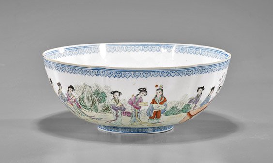 Chinese Eggshell Bowl: Courtly Figures: Chinese Eggshell Bowl: Courtly Figures Chinese Famille Rose enameled porcelain eggshell bowl; of slight foliate form, the exterior depicting finely dressed figures in a courtly setting and lingzhi pat
