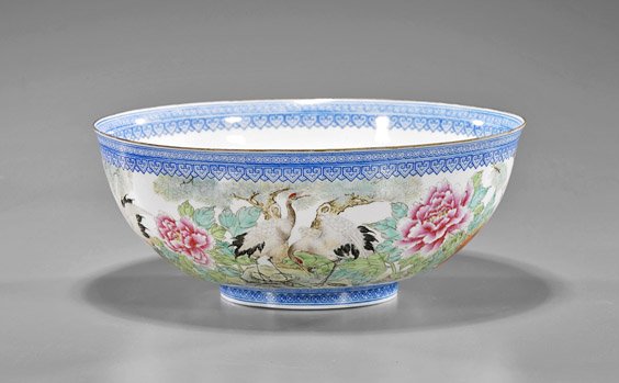 Chinese Eggshell Bowl: Cranes & Flowers: Chinese Eggshell Bowl: Cranes & Flowers Chinese finely enameled Famille Rose eggshell porcelain bowl; of circular form with design of cranes among chrysanthemum to exterior and auspicious bats with li