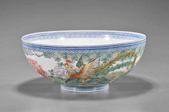 Chinese Eggshell Bowl: Birds & Dragon: Chinese Eggshell Bowl: Birds & Dragon Chinese finely enameled eggshell porcelain bowl; of circular form with scene of birds in a continuous landscape to exterior, writhing dragon amid foliate motif to