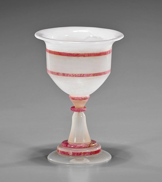 Carved White Onyx & Rhodochrosite Chalice: Carved White Onyx & Rhodochrosite ChaliceCarved white onyx and rhodochrosite chalice; the sectional footed cup with accents in rhodochrosite, of attractive nearly translucent banding to onyx (some old