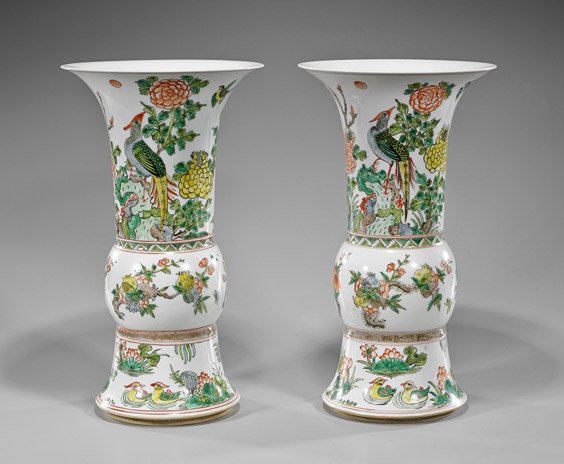 Pair Guangxu-Style Porcelain Vases: Pair Guangxu-Style Porcelain Vases Pair of Guangxu-style enameled porcelain vases; of beaker form with designs of pheasants perched amid blossoms, a band of precious fruits, and lotus blossoms, 6-char