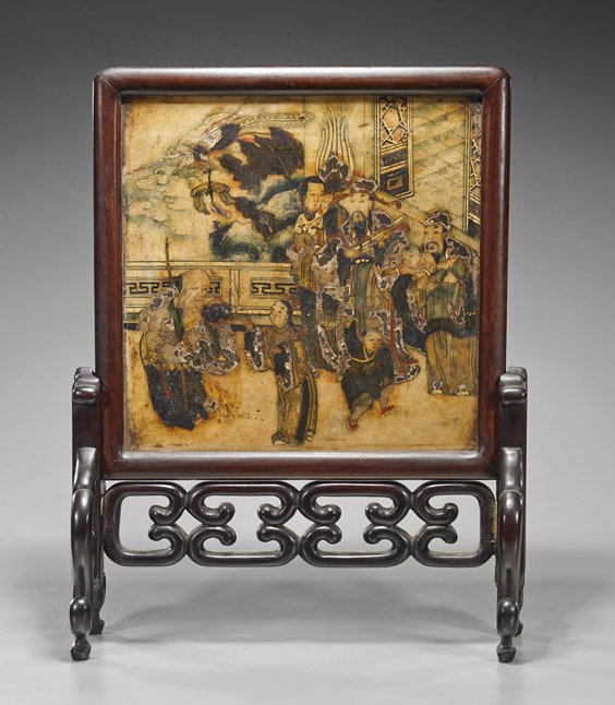 Unusual Chinese Painted Marble Tablescreen: Unusual Chinese Painted Marble Tablescreen Unusual Chinese painted marble tablescreen; of square form depicting the Three Star Gods in a courtyard with children holding ruyi scepters and an attendant 