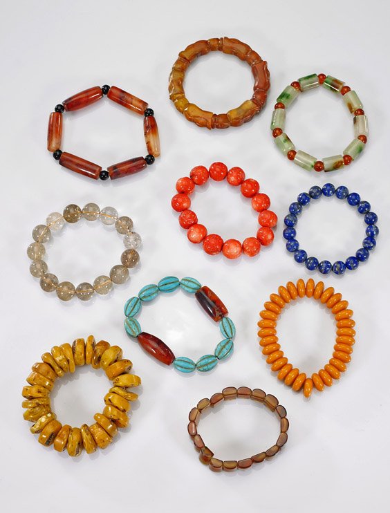 Ten Various Carved Bead Bracelets: Ten Various Carved Bead BraceletsCollection of ten various carved bead bracelets, including: lapis lazuli, turquoise, agate, coral, quartz and hardstone; differently shaped beads and textures; D: 3 1/