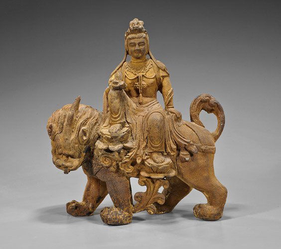 Heavy Chinese Rusted Iron Guanyin & Qilin: Heavy Chinese Rusted Iron Guanyin & QilinHeavy Chinese rusted iron seated Guanyin; the bodhisattva seated in somewhat "Royal Ease" atop a saddled qilin, wearing flowing robes with each foot on a lotus