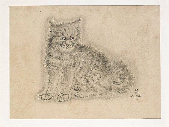 Japanese Cat Print by Tsuguharu Foujita: Japanese Cat Print by Tsuguharu Foujita Japanese line drawing print by Tsuguharu Foujita (French-Japanese, 1886-1968); depicting a seated cat engaged with the viewer, signed and dated in lower right c