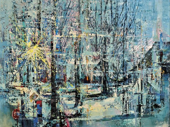 OIL PAINTING BY J. THURSTON MARSHALL: 油彩畫布 抽象風景 OIL PAINTING BY J. THURSTON MARSHALL Oil on canvas painting by J. Thurston Marshall (American, 1908-1982); of a highly kinetic, abstra