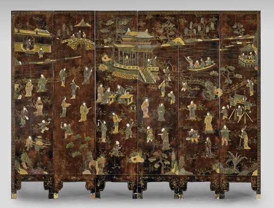 ANTIQUE SIX-PANEL INLAID LACQUER SCREEN: 漆地嵌百寶人物紋屏風 六扇 ANTIQUE SIX-PANEL INLAID LACQUER SCREEN Antique Korean six-panel lacquer screen; with elaborate design