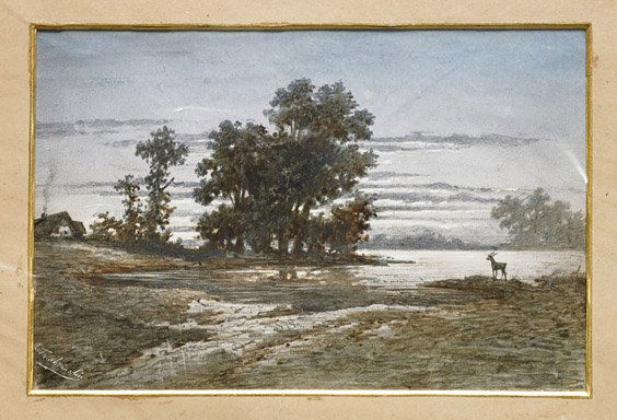 Miniature Mixed Media on Paper: Landscape: Miniature Mixed Media on Paper: LandscapeMiniature mixed media on paper painting; of a landscape with a deer on the right and a house with a smoking chimney on the far distance, signed; Approx. 5"x 7