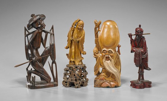 Four Chinese Carved Male Figures: Four Chinese Carved Male Figures Group of four Chinese carved male figures: two of Shoulao with staff and peach, one soapstone the other wood; kneeling wood older man with carrying pole and two bags p
