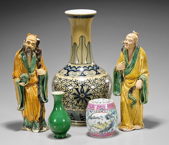 Five Antique Chinese Porcelains: Five Antique Chinese PorcelainsGroup of five antique Chinese porcelains, including: pale yellow ground blue and white baluster vase with long neck; pair of glazed standing sages, Circa 1900; 19th Cent