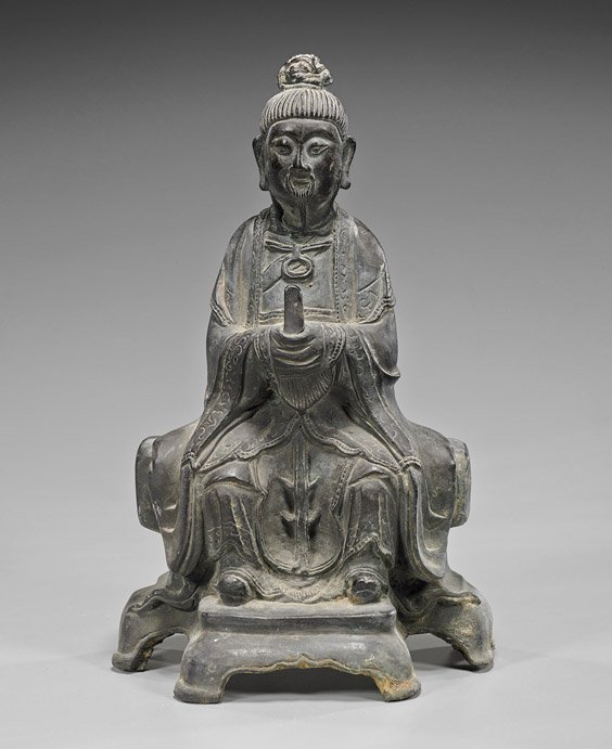 Antique Ming-Style Buddhist Bronze Figure: Antique Ming-Style Buddhist Bronze Figure Antique Chinese Ming-style Buddhist bronze figure; seated on a plinth wearing elaborate robes with bi pending from neck, holding a willow branch in both hands