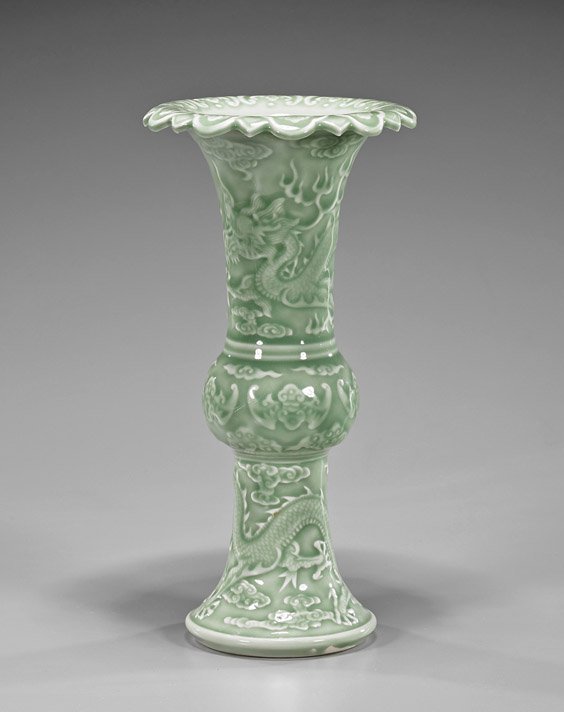 Two Chinese Porcelains: Beaker Vase & Bowl: Two Chinese Porcelains: Beaker Vase & Bowl Two Chinese porcelains, including: Qianlong-style celadon glazed porcelain vase, of beaker form with foliate lingzhi rim, the body finely moulded with auspic